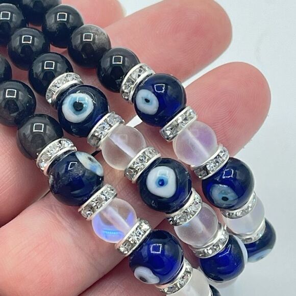 Crystal beaded stretch bracelet ONE NEW evil eye silver obsidian reiki meditatio - Picture 6 of 9